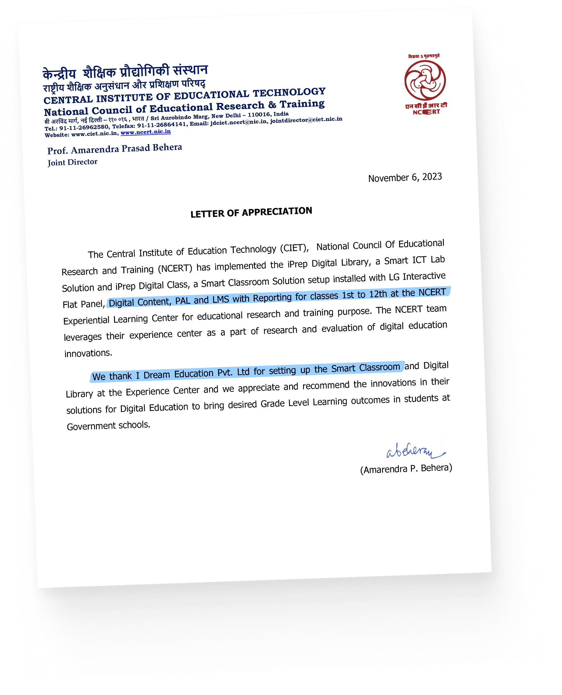 Letter of appreciation and recommendation