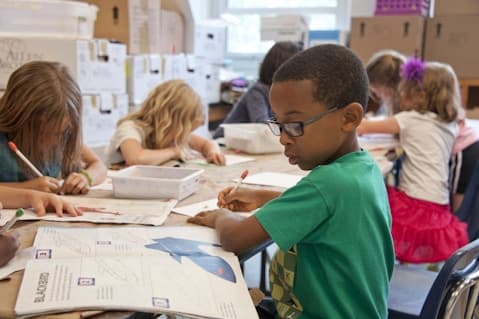 A boy working on an activity at his desk