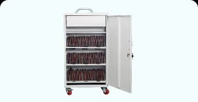 Tablet charging trolley, also known as a charging station, with multiple tablets neatly organised