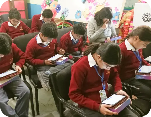 Visuals of school students using iPrep PAL content on tablets, a personalized adaptive learning solution for students to learn unlimited