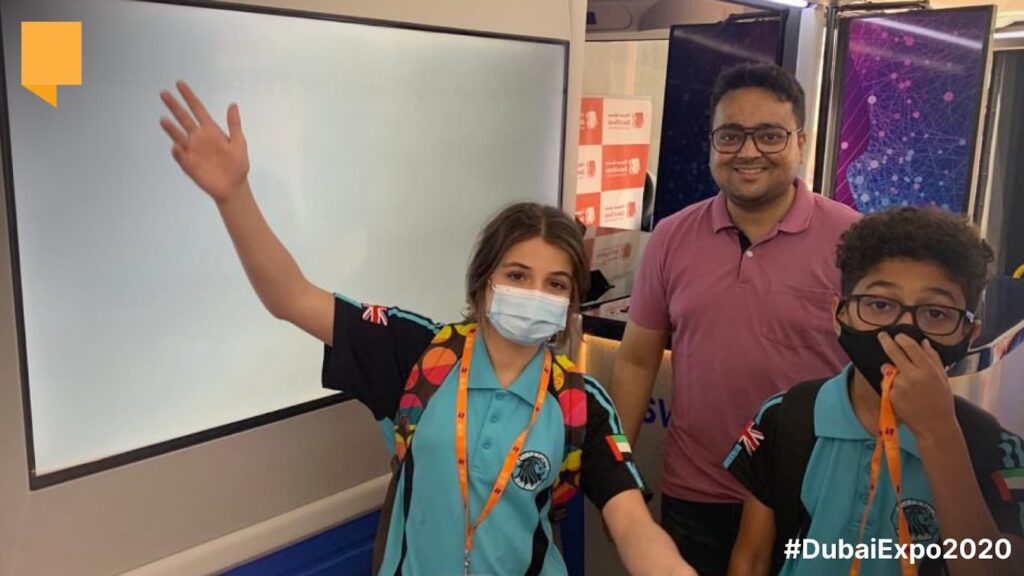 Rohit Prakash CEO of iDream Education with with students at Dubai Expo 2020 | Innovation Hub in the India Pavillion