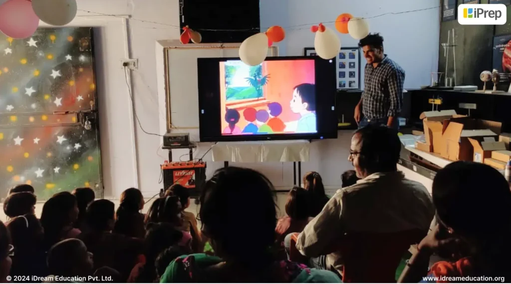 A smart class setup in UP, MP and Haryana by iDream Education in collaboration with End Poverty NGO. The image shows a well-equipped classroom with smart tv indicating a digital learning environment