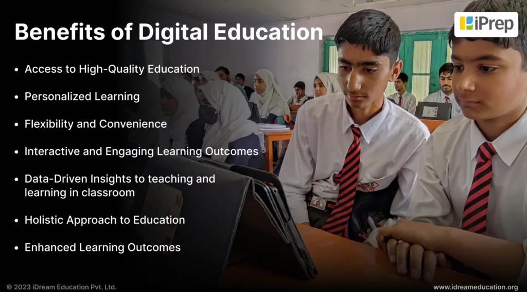 visual representation of the 7 major benefits of Digital Education for the learning and growth of 21st century school students