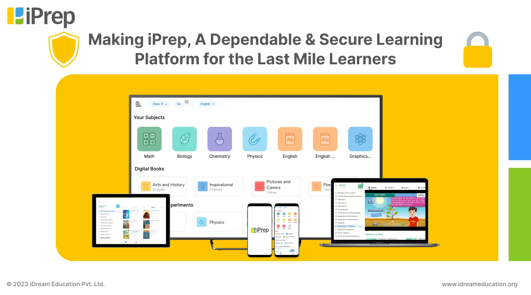 a visual of iPrep, the one-stop learning platform in its various formats including smart classes, learning tablets, mobile app etc.