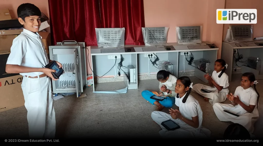 An image of students learning with tablet-based smart ICT Labs at schools, a perfect fit for purpose of  Samagra Shiksha Abhiyan