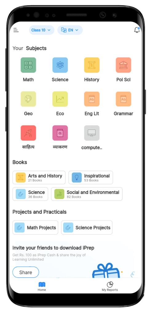 a visual representation of the home page of the iPrep Learning app having all the subjects and additional content listed as per the selected grade. 