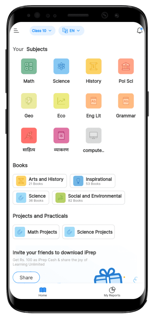 a visual representation of the home page of the iPrep Learning app having all the subjects and additional content listed as per the selected grade.