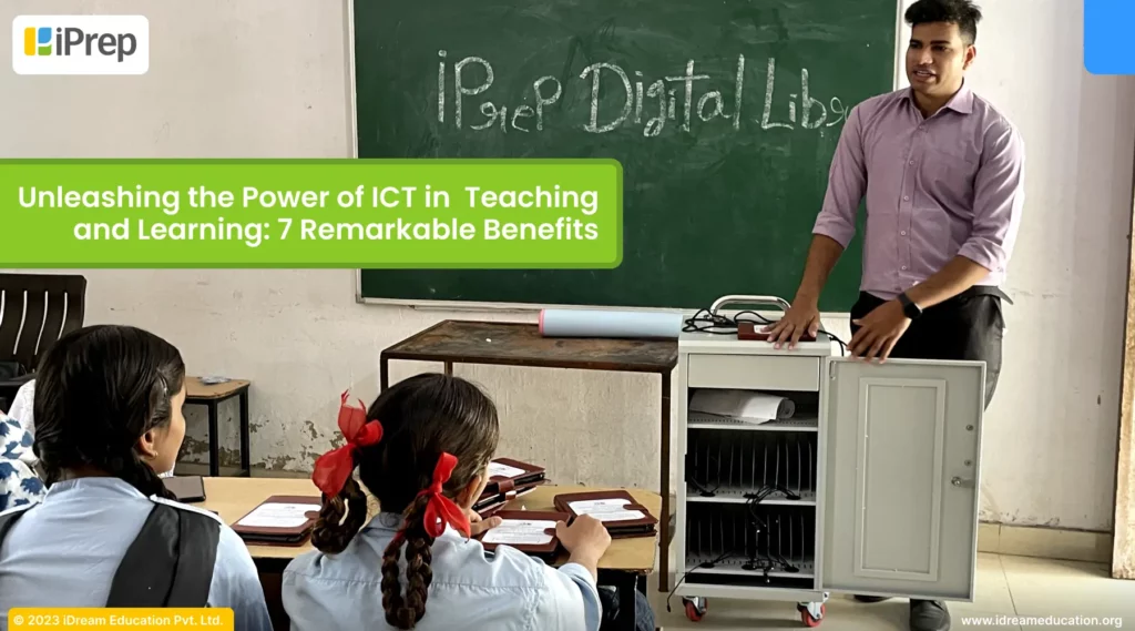  A visual displaying Students actively participating in a digital tablet-based library session giving rise to the use of ICT in teaching and learning