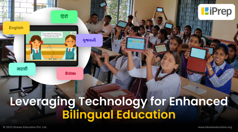 visual representation of iPrep digital learning tablets loaded with digital learning content in different languages for enhancing bilingual education in India