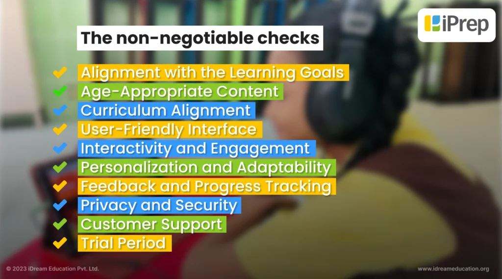 A visual of the 10 non-negotiable points to check for when finding the best learning app for school students