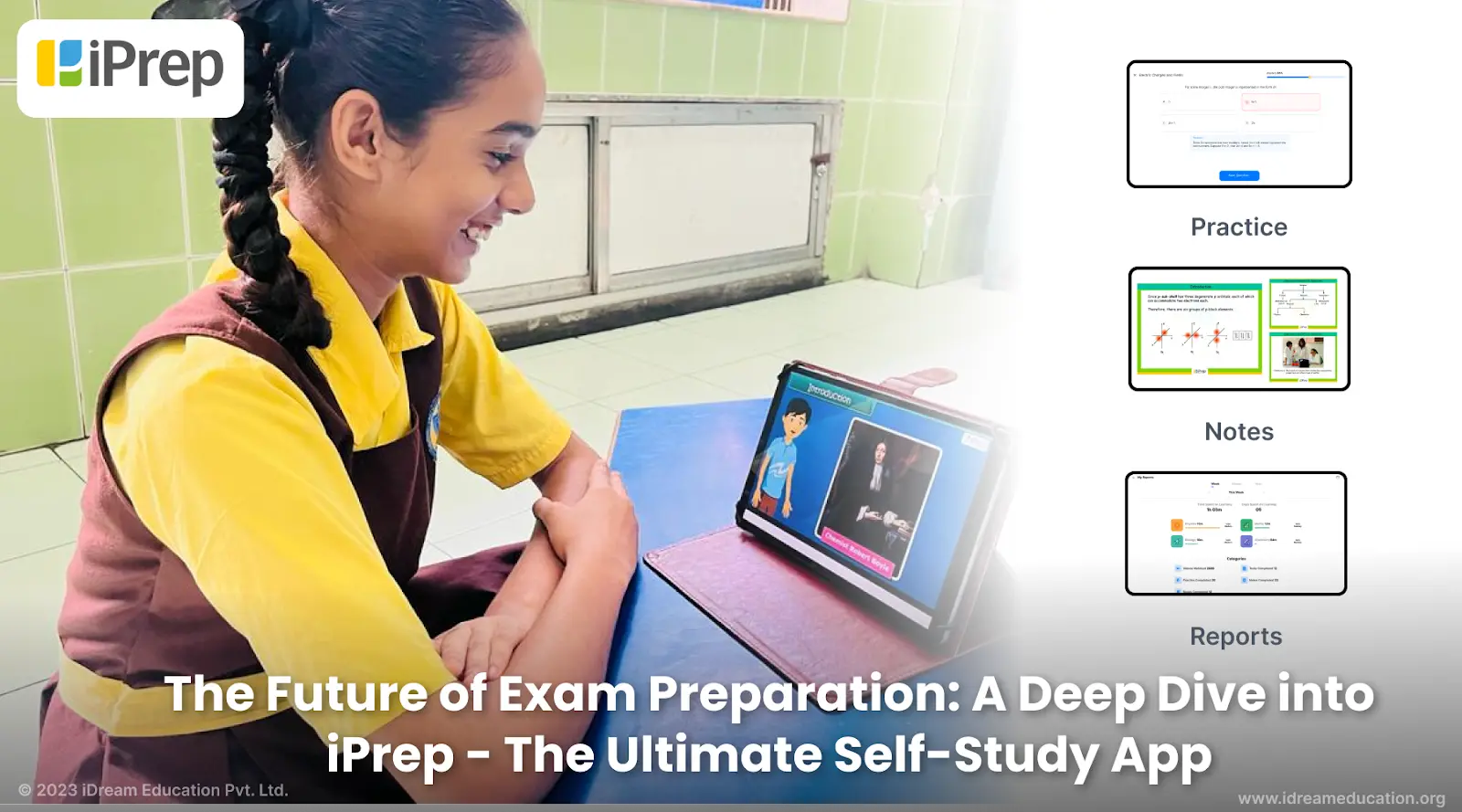 An illustration portraying a school student utilizing the iPrep Self-Study on a tablet for examination preparation.