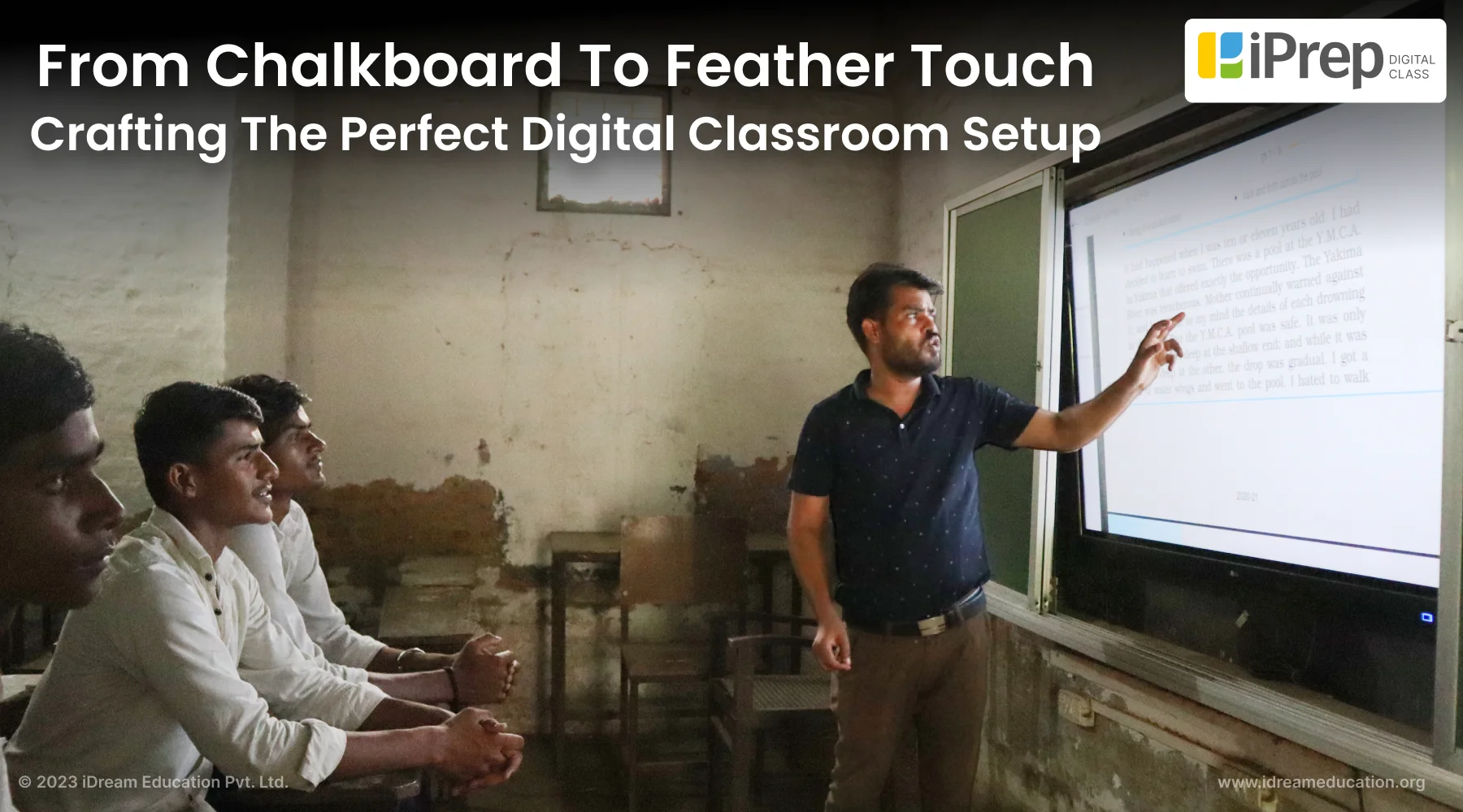 A visual of a shift from chalkboard to feather touch where a teacher using a digital classroom setup