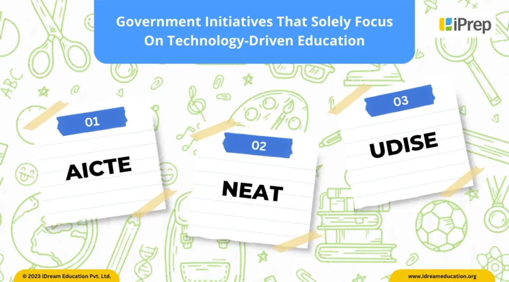 A visual displaying Government Initiatives AICTE, NEAT, and UDISE, that solely focus on technology for Digital Education in India.
