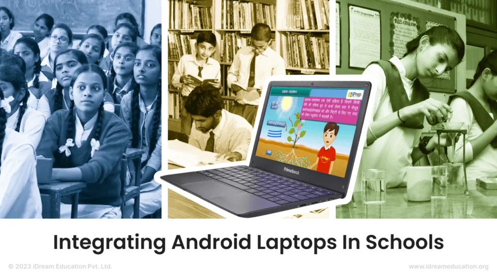 A visual depicting the possible integrations of android laptops for schools including integration in classrooms, libraries and laboratories