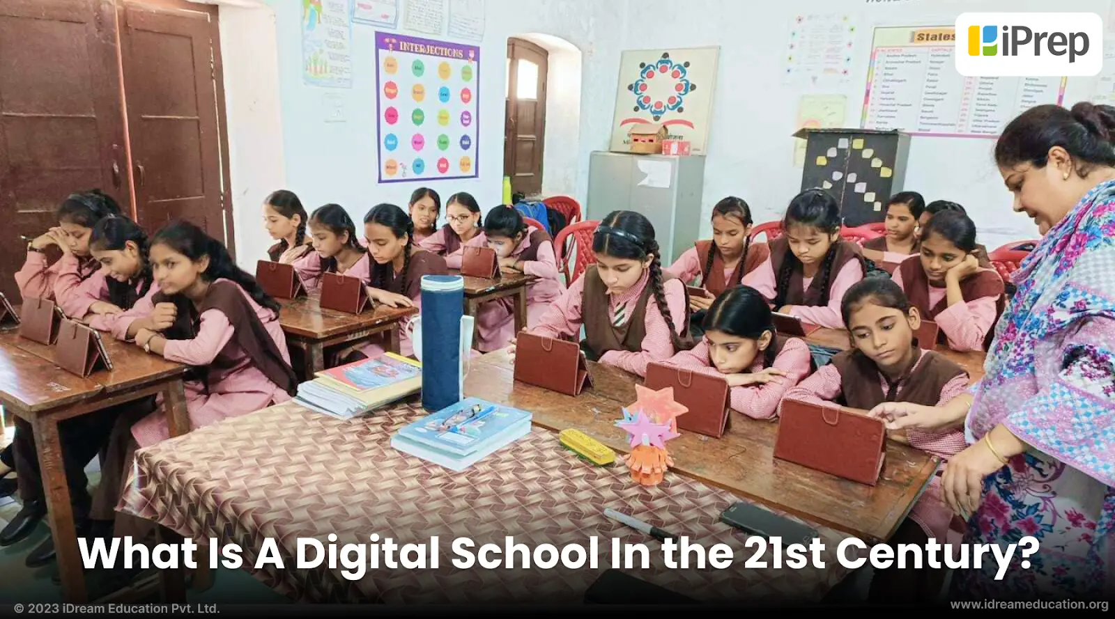 A visual representing a Digital School where Students are engaged in digital learning with a Tablet-Based Digital Library.