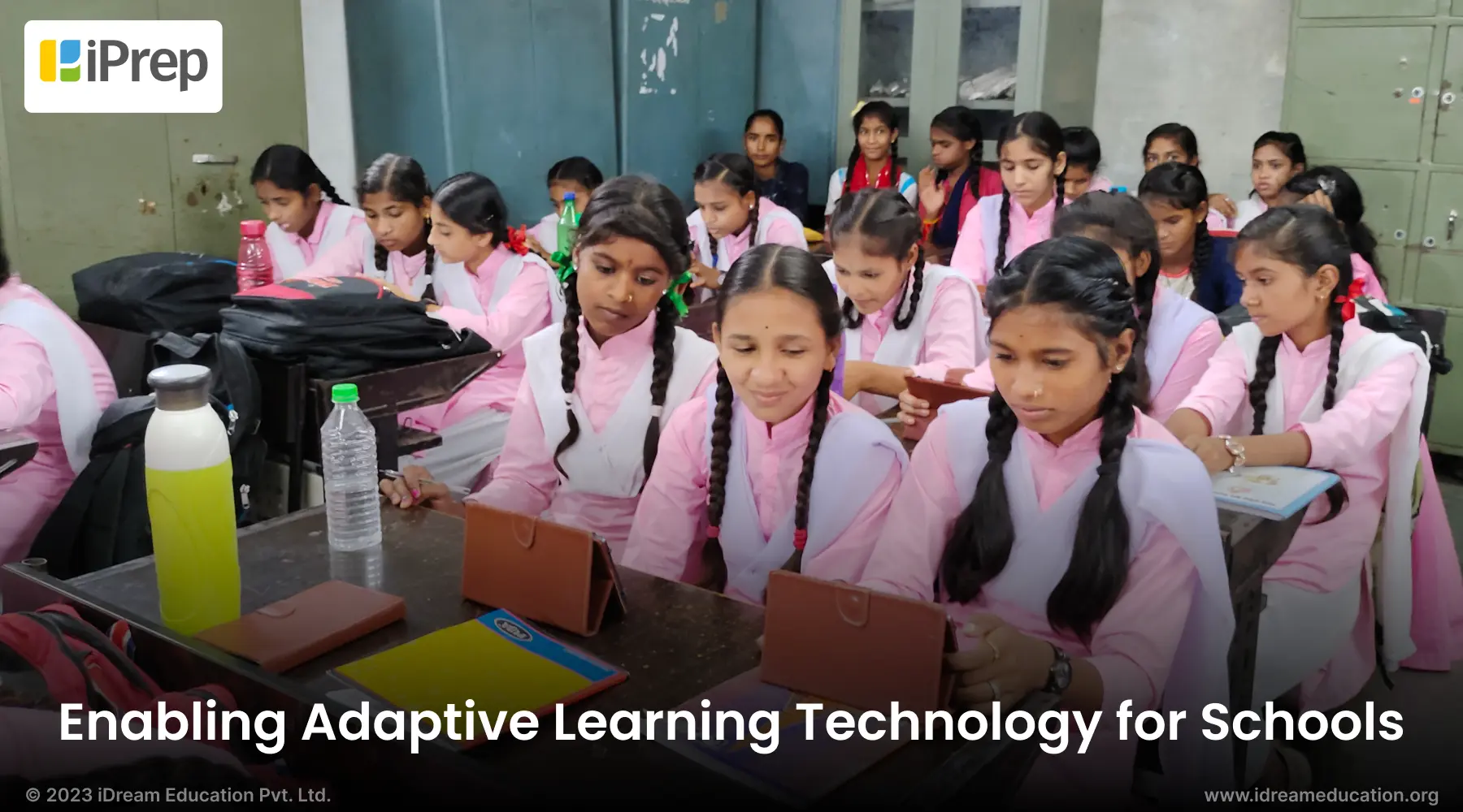 A visual showing Students engaging with personalized adaptive learning technology for schools on tablets.