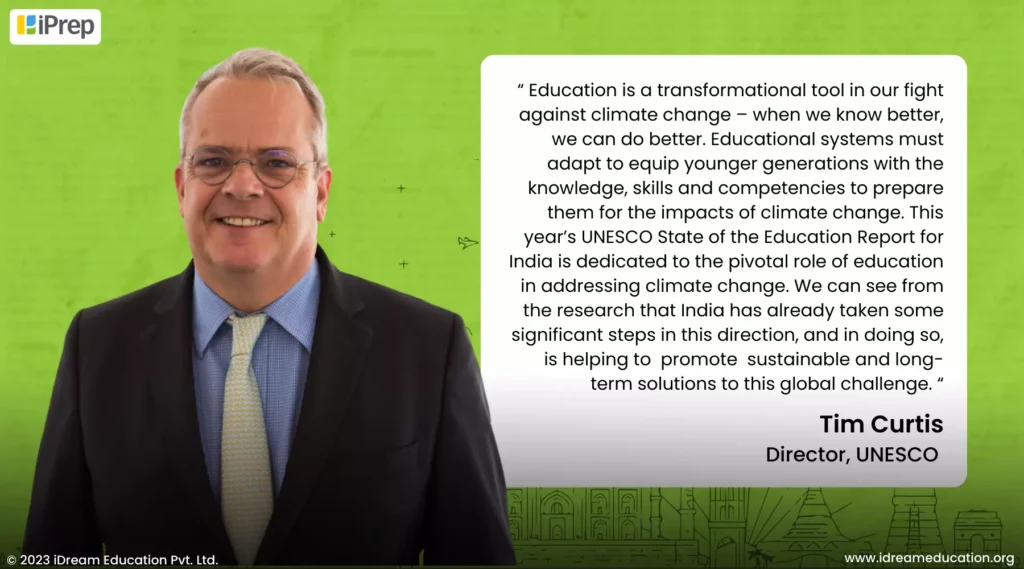 Photograph of Tim Curtis, Director UNESCO New Delhi Regional Office on Education, discussing the role of education as a tool for climate change action.