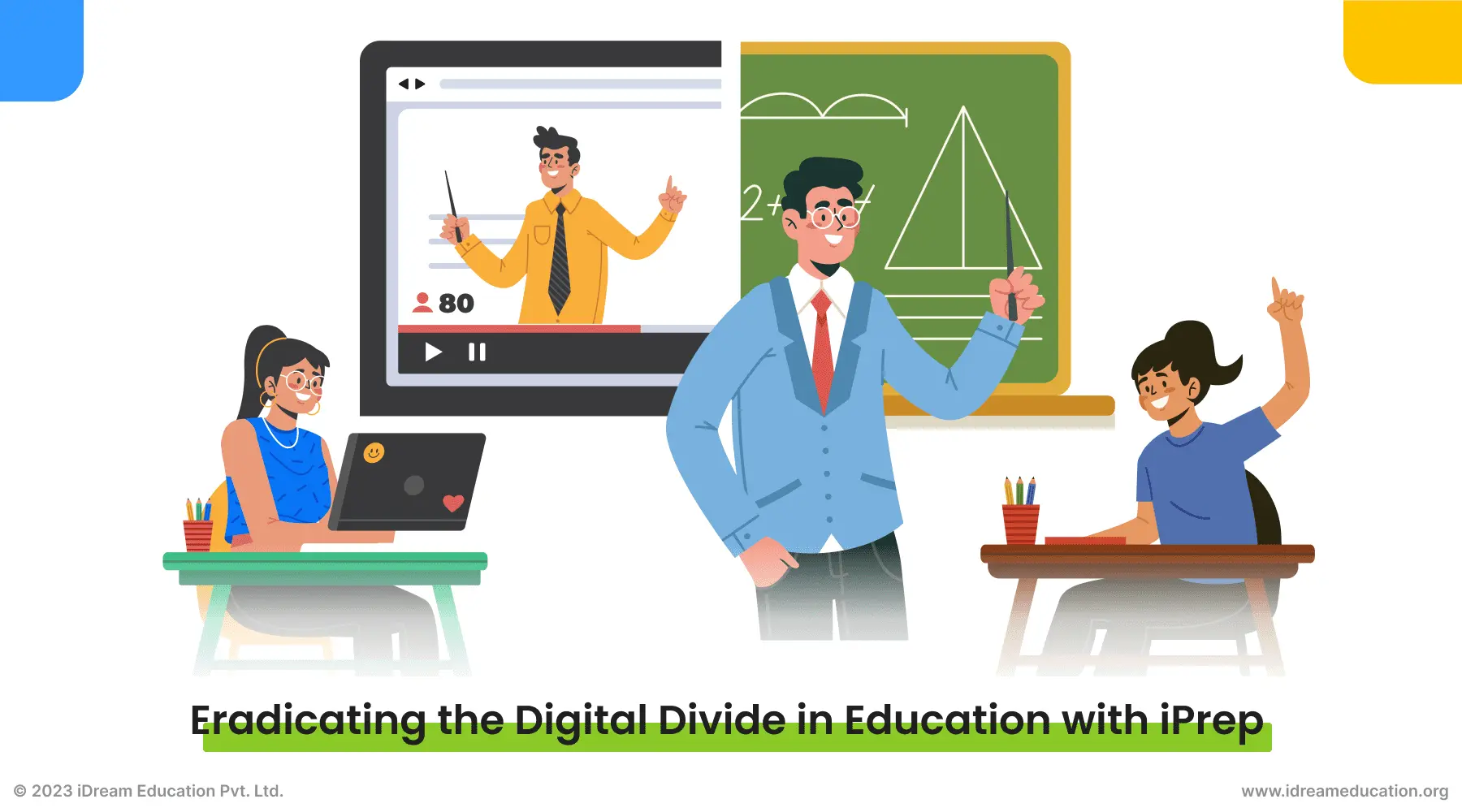A visual representation of a teacher and students for eradicating the digital divide in education with the help of iPrep.