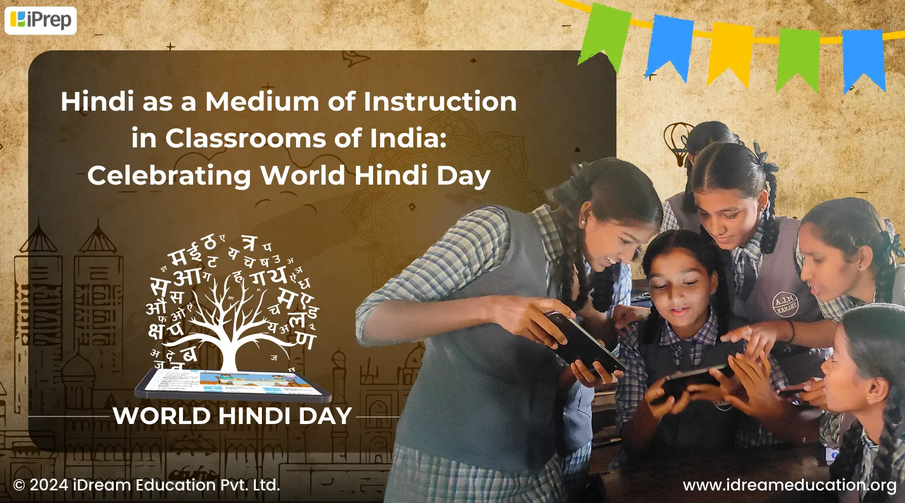 An illustration showing the joyful celebration of World Hindi Day with students gathered and learning on tablets showcasing the importance of Hindi as a medium of instruction in Indian classrooms