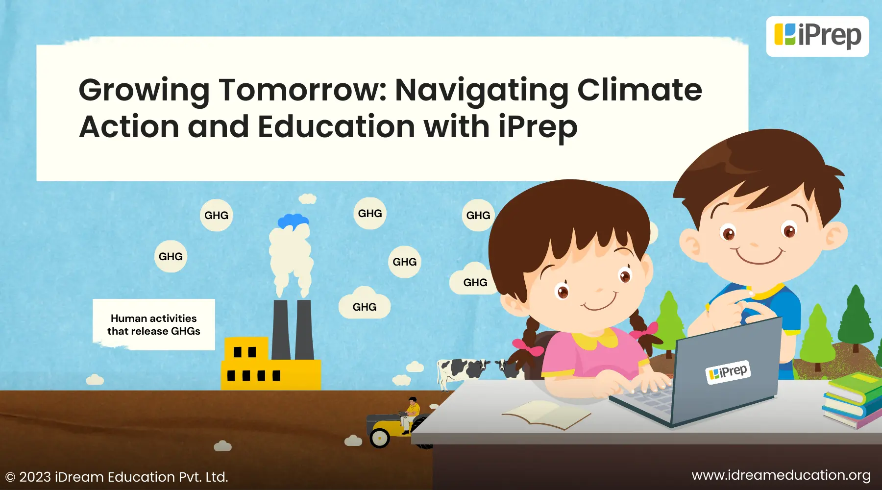 A graphical representation of two students studying using the iPrep platform for navigating climate action and education