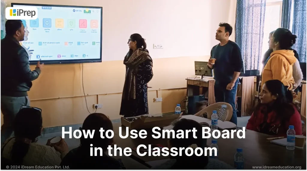 A visual depicting teachers utilizing a Smart Board in the classroom for interactive and enhanced classroom education.