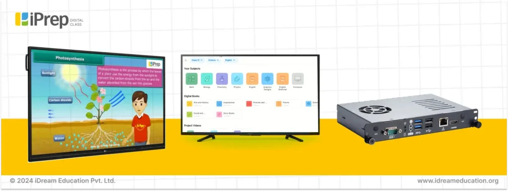 The image may depict a smart classroom setup with interactive flat panel (IFP) Smart TV, Android TV, and OPS technology being used in schools across India