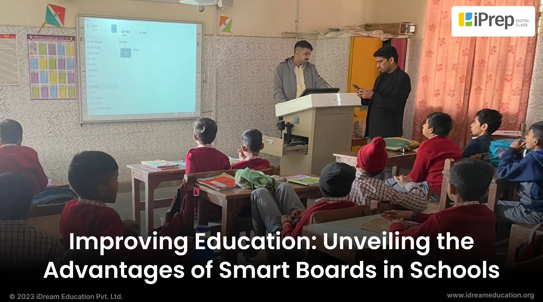 A visual displaying school students and teachers unveiling the advantages of smart boards in schools for improving education
