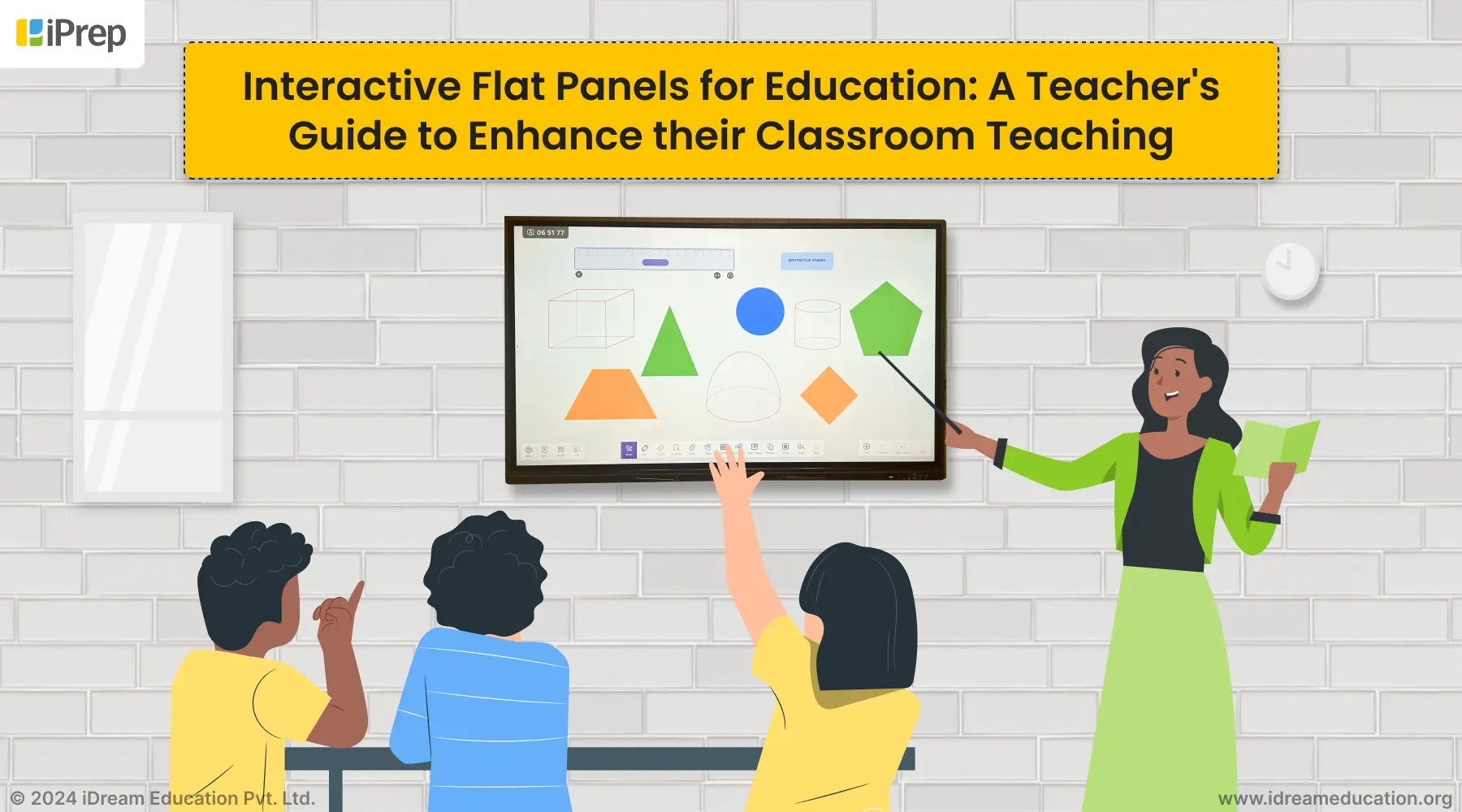 Illustration of teacher teaching through Interactive Flat Panels for education by iDream Education