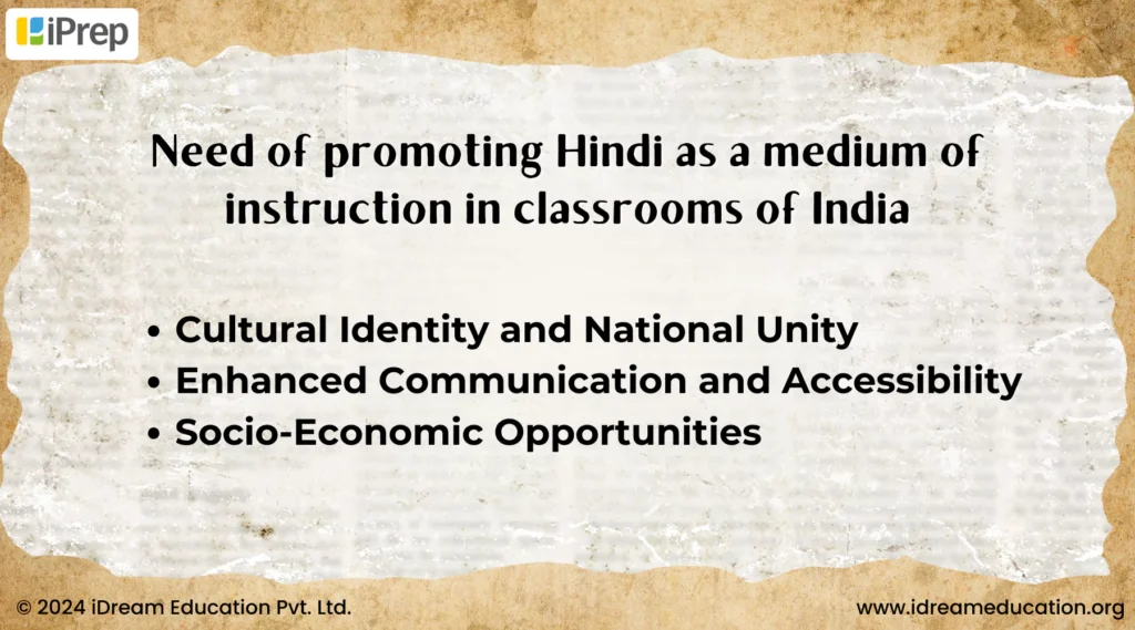 The image outlines the need to promote Hindi as a Medium of Instruction in classrooms of India