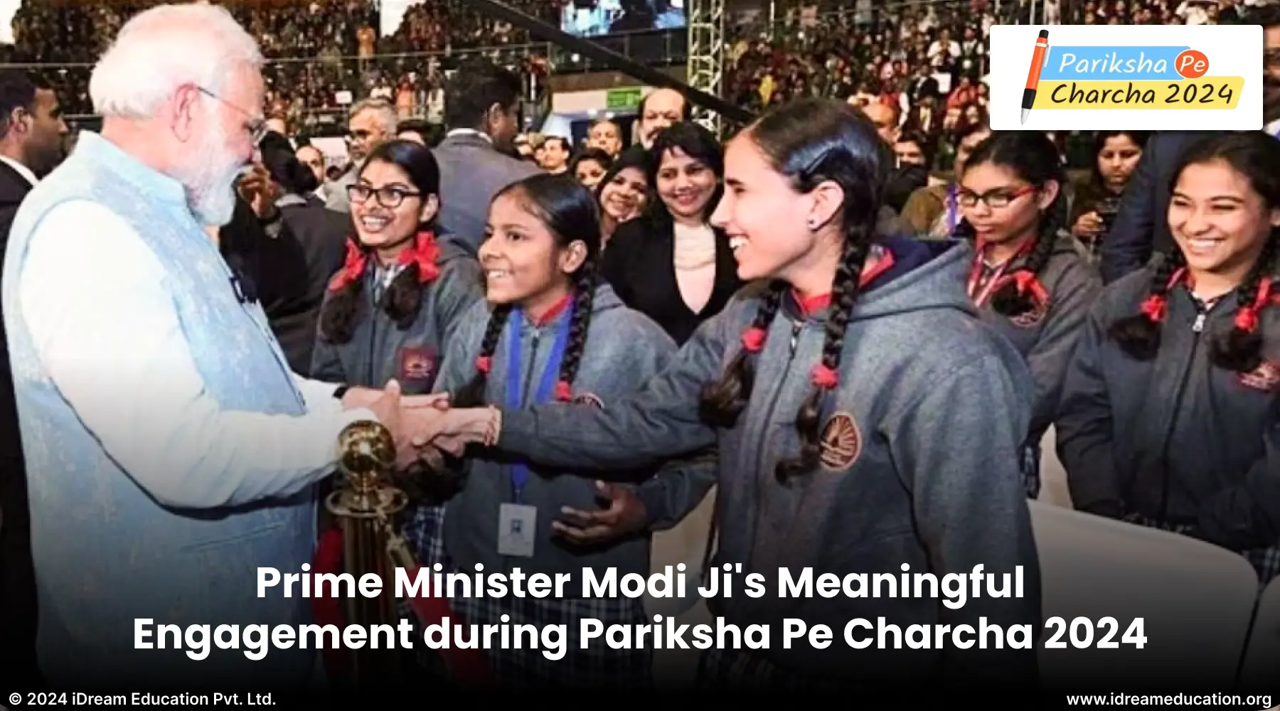 Candid moment during 'Pariksha Pe Charcha 2024' as Prime Minister Narendra Modi engages with students, teachers, and parents.