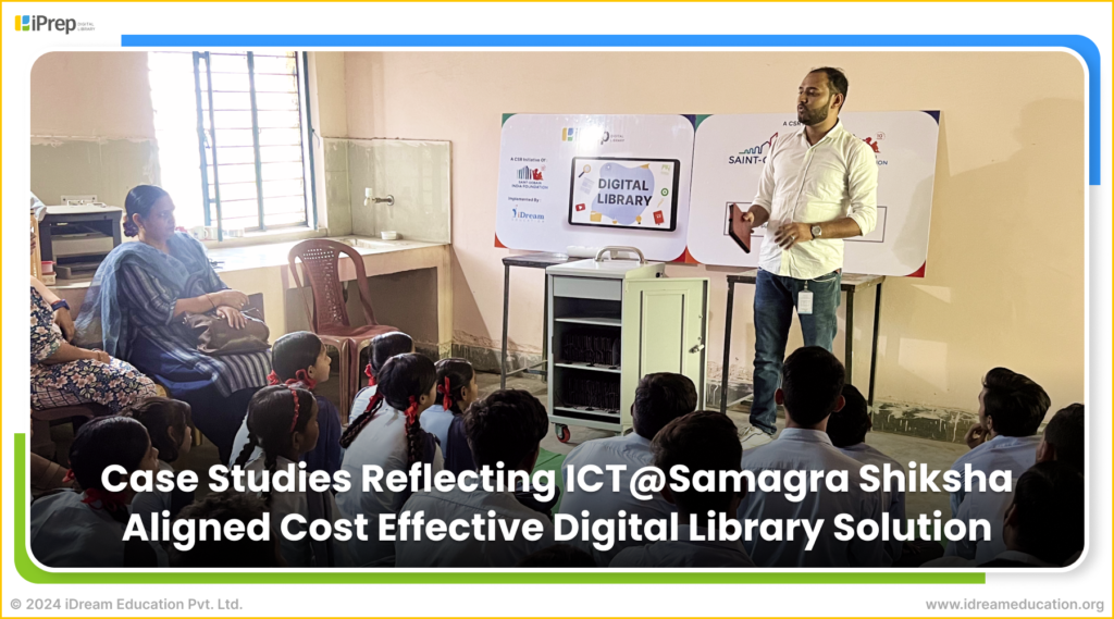 A setup of ICT Lab designed as per Samagra Shiksha initiative including charging racks, tablets, notebooks, Primebooks, and Chromebooks pre-installed with iPrep by iDream Education, a K-12 learning platform