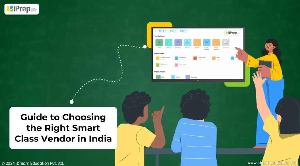 An illustration by iDream Education one of the best smart class vendor in India, showcasing the interactive flat panel, digital content and Learning Management System (LMS)