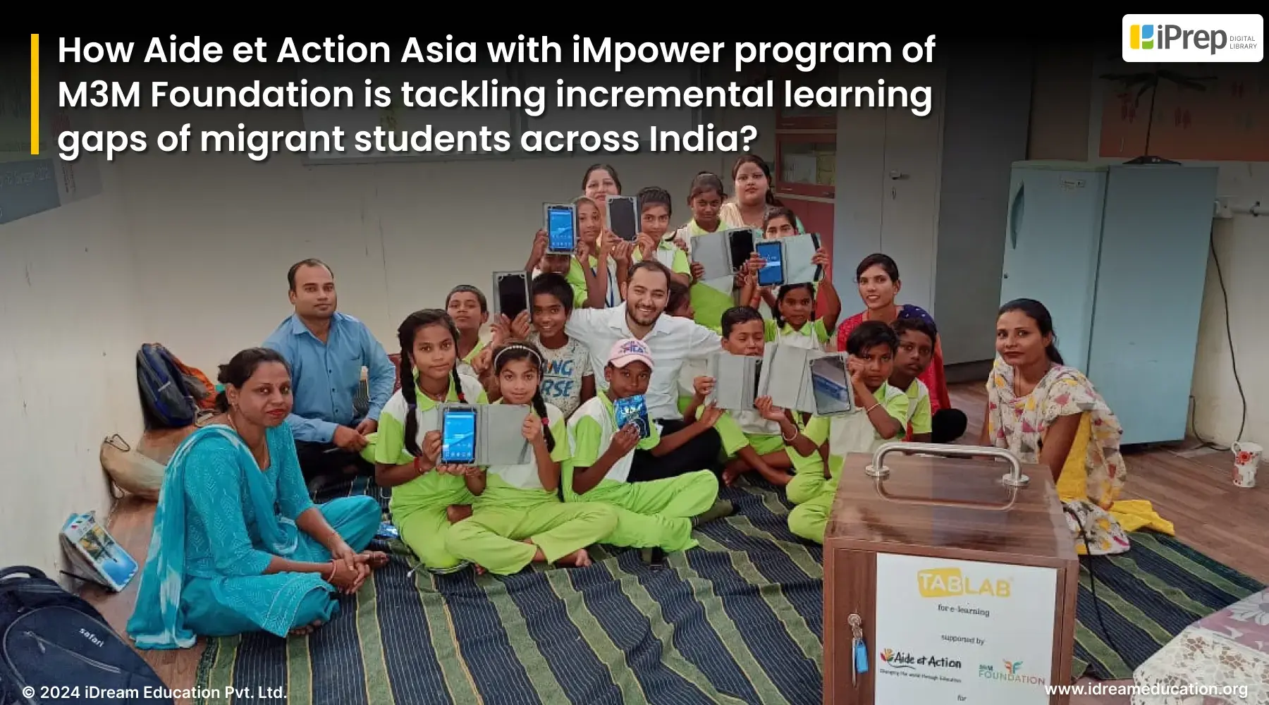 Image showing students with tablets at iMpower Club within the iMpower program of the M3M Foundation. This initiative aims to empower migrant journeys through education and technology.