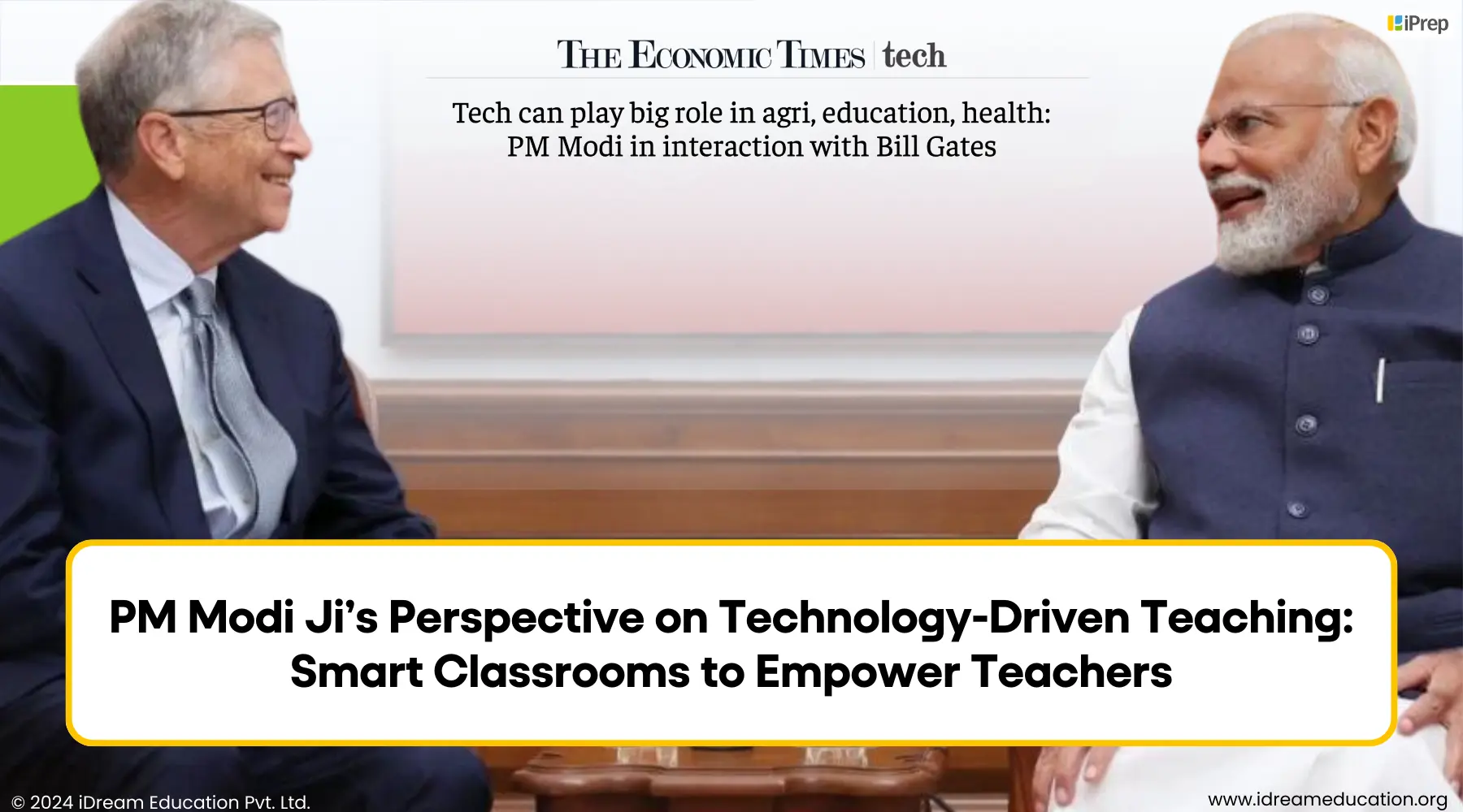 Photograph depicting Prime Minister Modi engaged in a candid conversation with Bill Gates on topics such as artificial intelligence, digital infrastructure, and technology-driven teaching