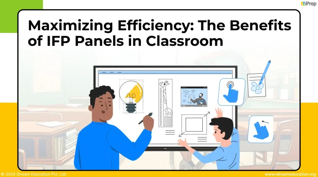 An image depicting a classroom setting with an interactive flat panel (IFP) 