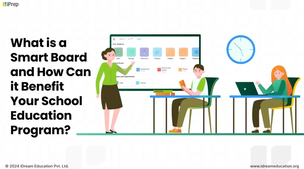 A illustration of classroom setting with a smart board at the front, displaying educational software