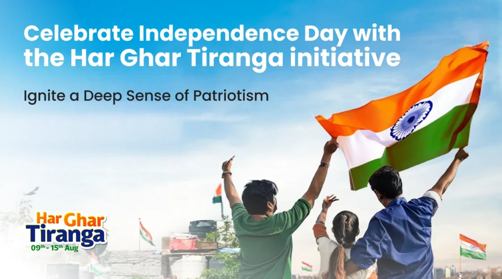 A vibrant illustration showing India's Independence Day, featuring the "Har Ghar Tiranga" initiative. The image showcases the Indian tricolor flag being proudly displayed, symbolizing unity and patriotism