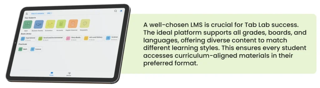 Tablets displaying K-12 digital content and learning management system that can be enabled in a TabLab setup for schools.