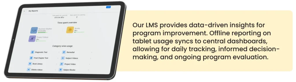 Tablet showing a learning management system with offline reporting features in a TabLab setup for schools