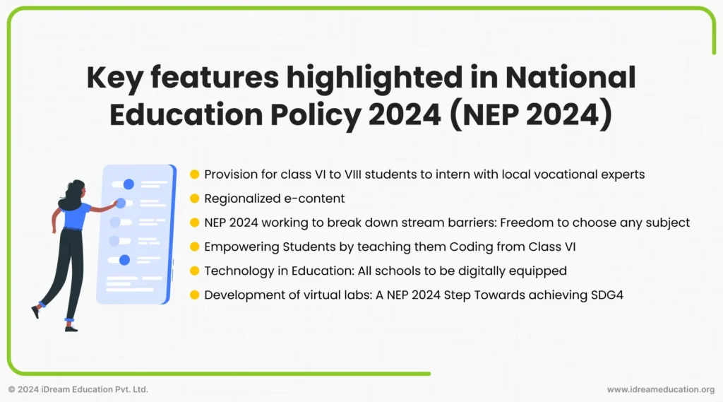 A graphic highlighting key updates in the National Education Policy 2024 (NEP 2024)