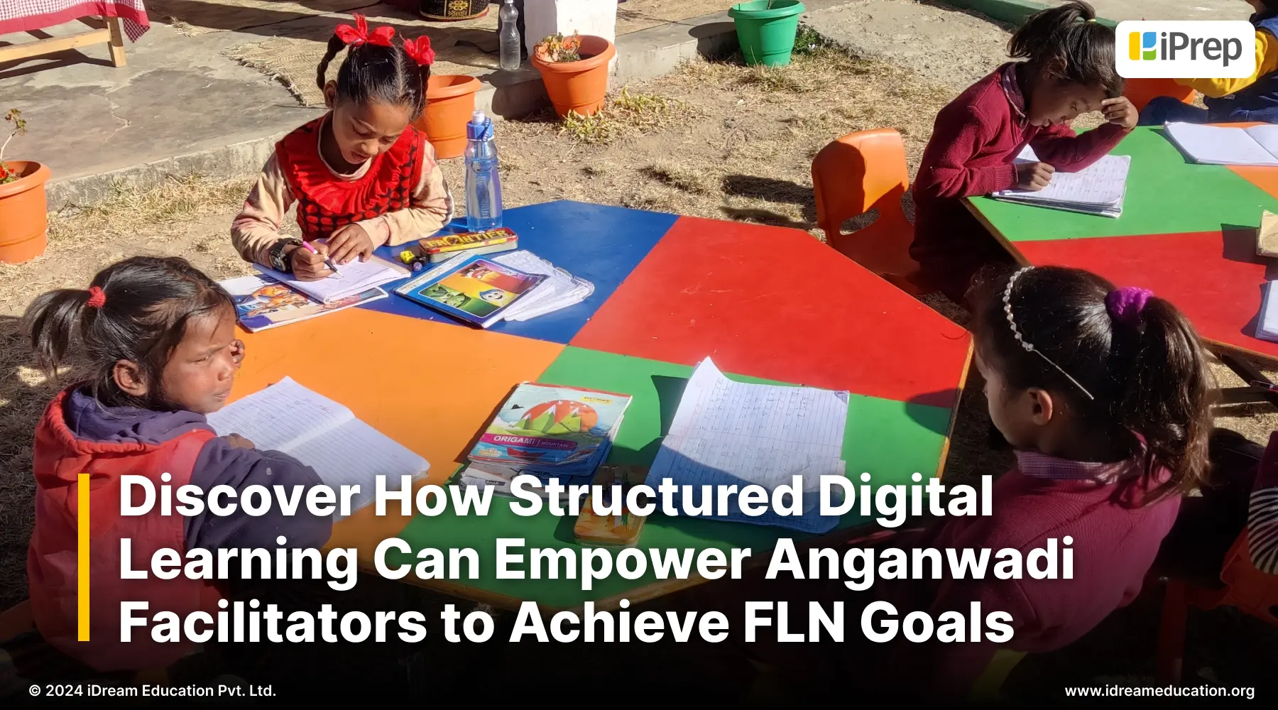 Cover image of a blog guiding you on how structured digital learning can help in achieving foundational literacy and numeracy (FLN) goals, featuring an outdoor classroom scene with students