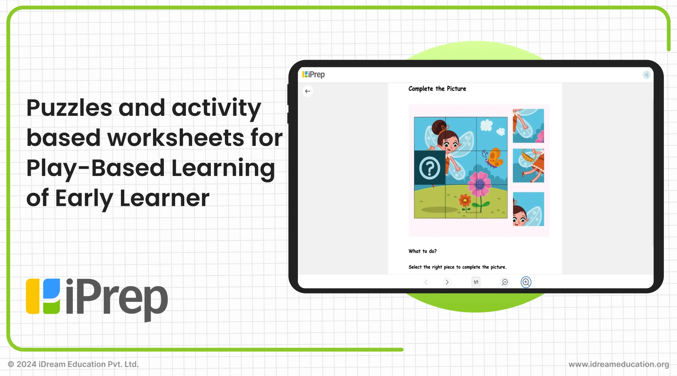 Illustration showcasing puzzles and activity-based worksheets for early learners' playtime on iPrep by iDream Education