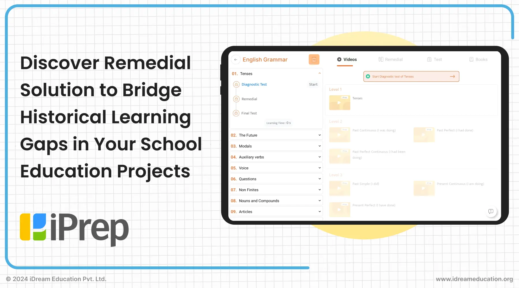 Illustration showcasing iDream Education's remedial solutions for school education projects. The image showcases their PAL solution for remedial learning on a tablet
