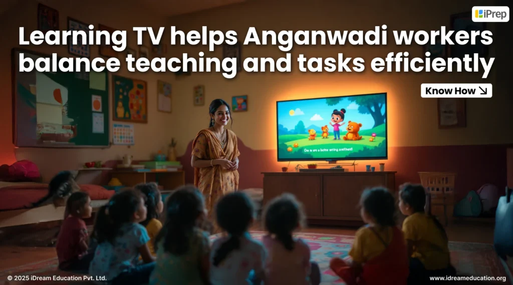 Cover Image of the blog showcasing Illustration of a Learning TV being used for teaching in an Anganwadi classroom