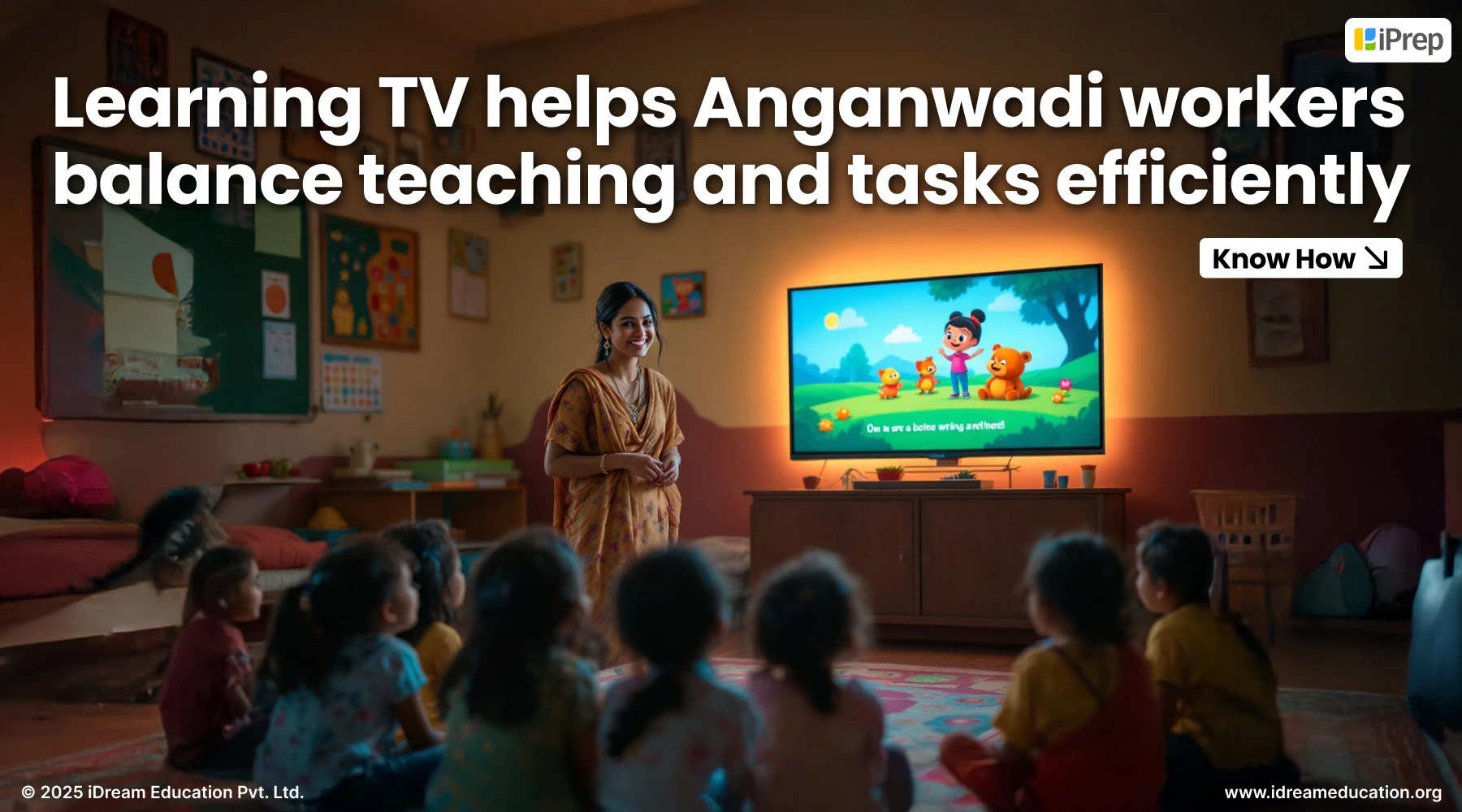 Cover Image of the blog showcasing Illustration of a Learning TV being used for teaching in an Anganwadi classroom