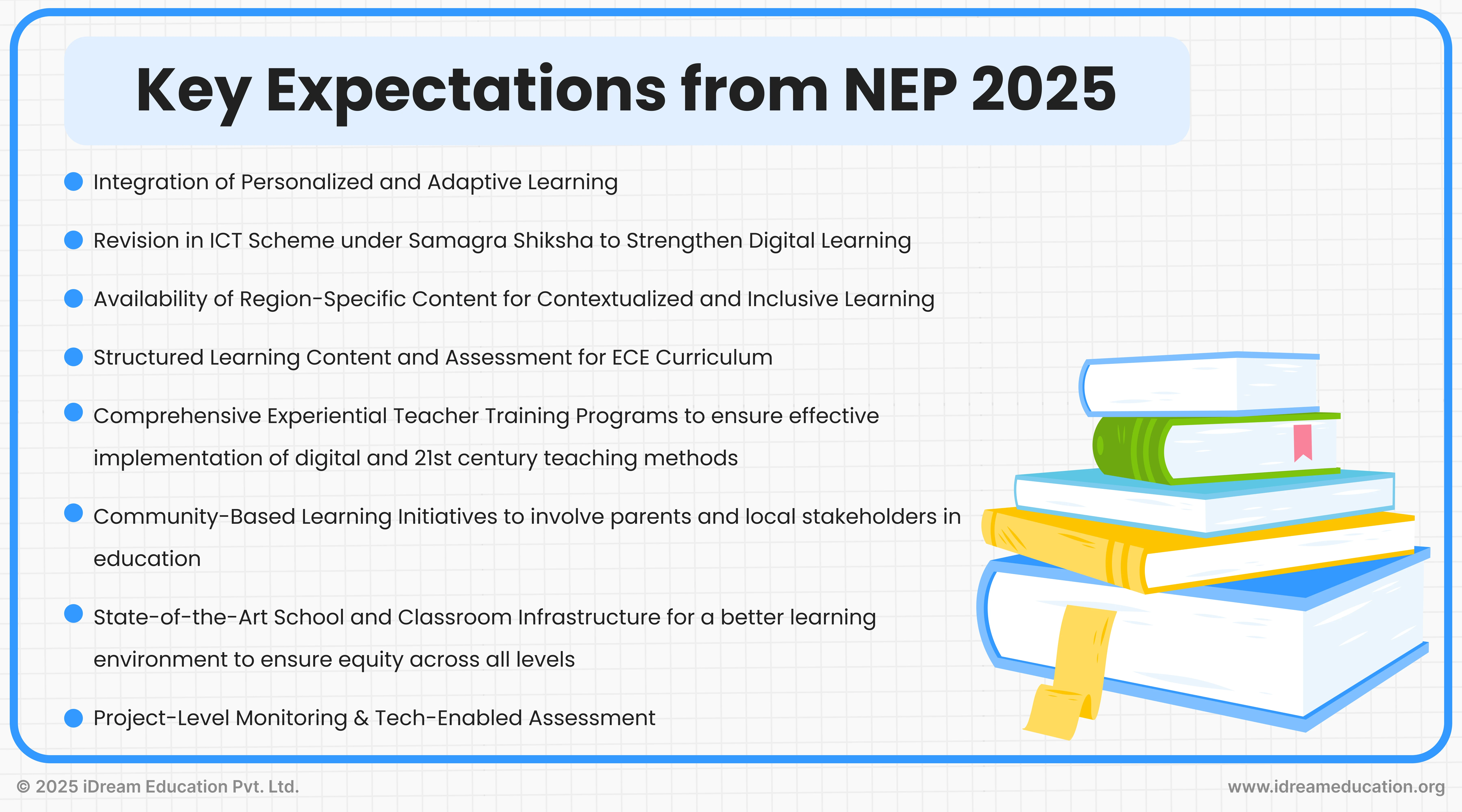 List of key expectations from NEP 2025 highlighted by iDream Education, showcasing essential focus areas for National Education Policy