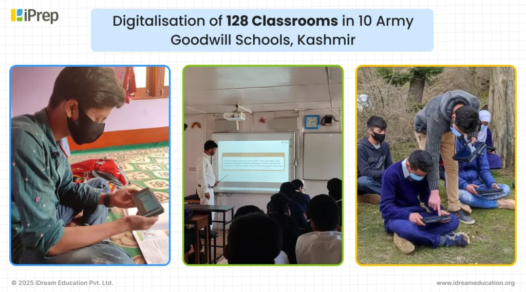 Digital class setup in Army Goodwill Schools, Kashmir, featuring projector based smart class, digital content, and students benefiting from technology-enhanced education