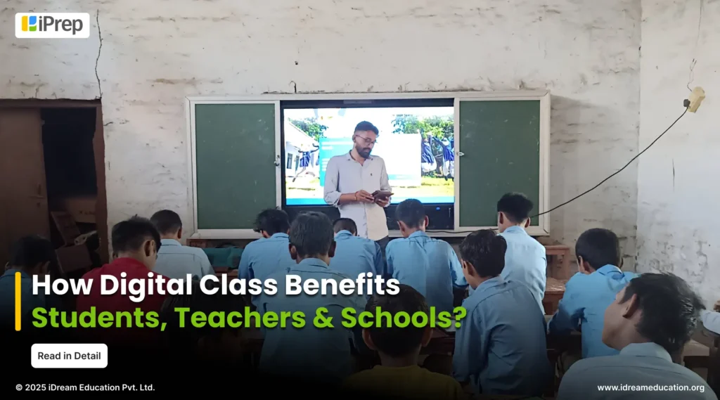 Illustration guiding you to the blog on the digital class benefits for students, teachers, and schools highlighted by iDream education