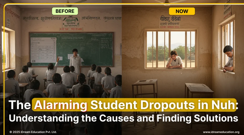 Cover image showing alarming student dropouts in Nuh, Haryana – highlighting the education crisis in the region as part of trending news in the education sector