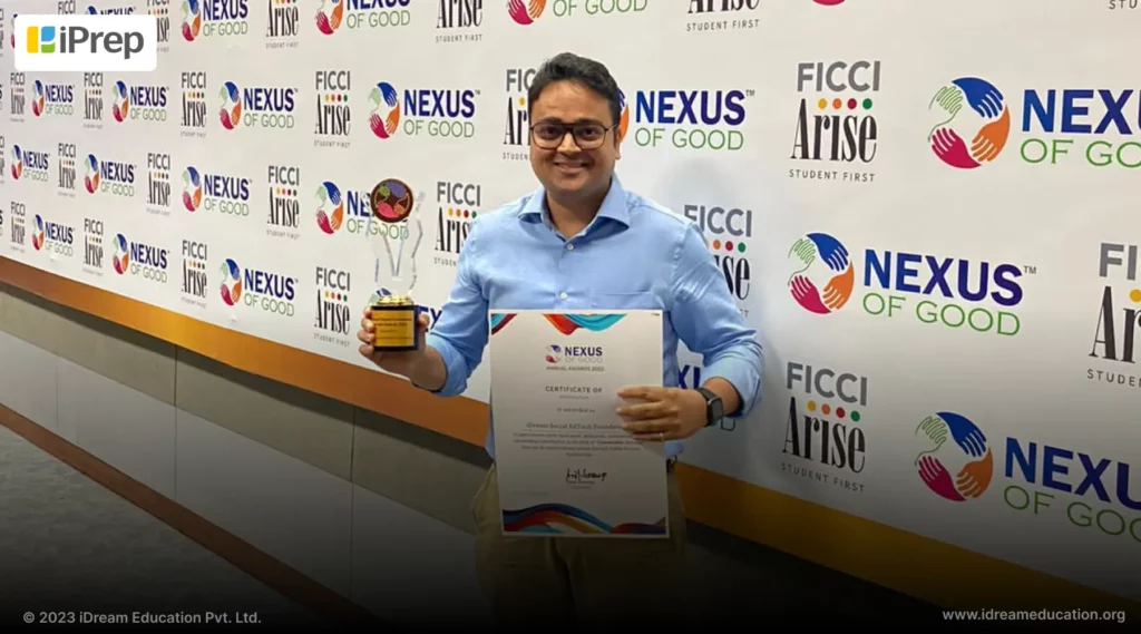 Visual representation of Rohit Prakash the co-founder of iDream Education receiving Nexus of Good award for iPrep app